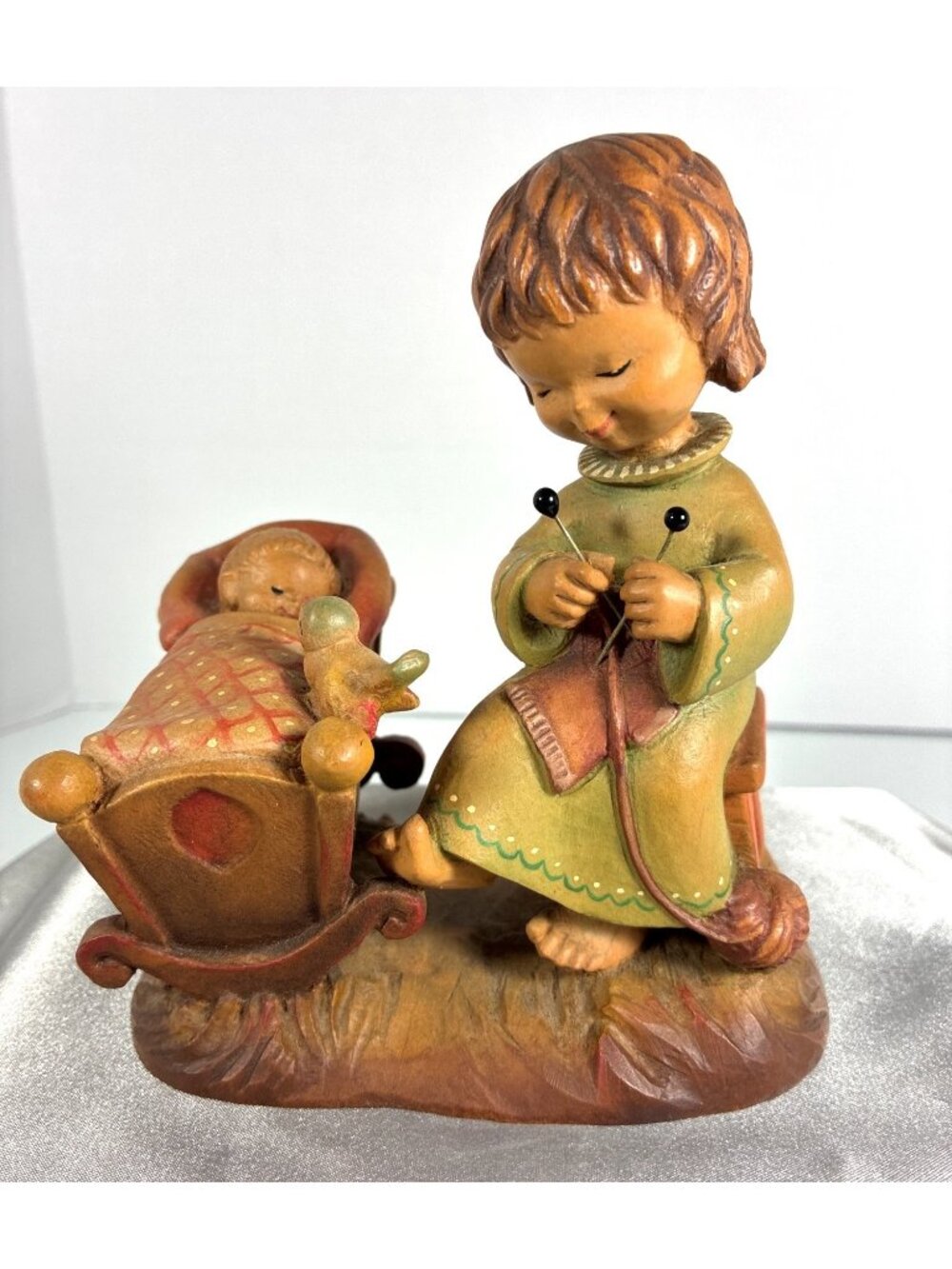 Vintage ANRI Italy Ferrandiz Wood Carving Girl & Baby Cradle Figurine